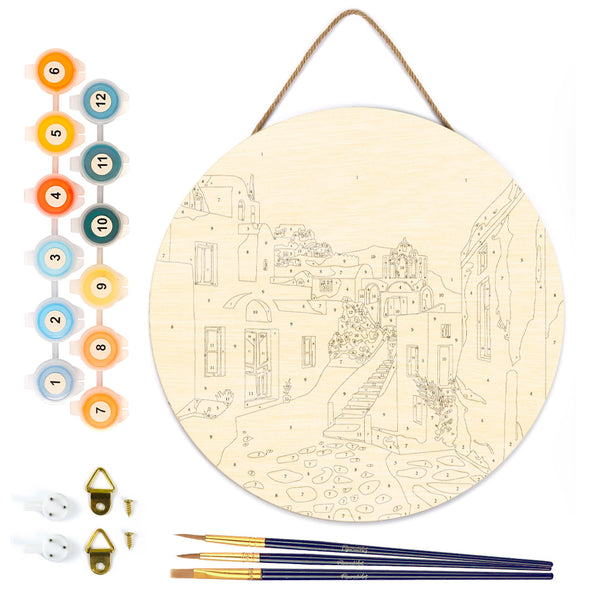 Paint by numbers on Wood Slice - Santorini