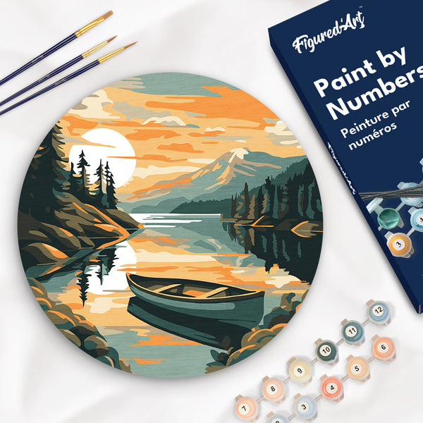 Paint by numbers on Wood Slice - Mountain Lake with Canoe Figured'Art USA