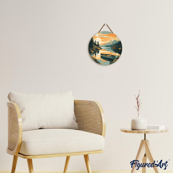 Paint by numbers on Wood Slice - Mountain Lake with Canoe