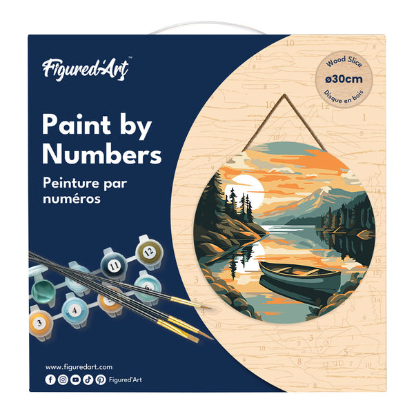 Paint by numbers on Wood Slice - Mountain Lake with Canoe