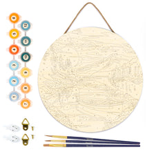 Load image into Gallery viewer, Paint by numbers on Wood Slice - Mountain Lake with Canoe