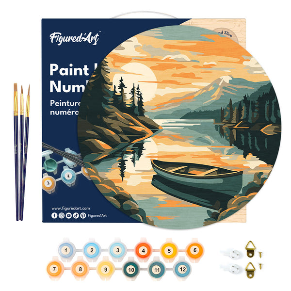 Paint by numbers on Wood Slice - Mountain Lake with Canoe
