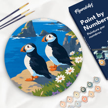 Load image into Gallery viewer, Paint by numbers kit Paint by numbers on Wood Slice - Puffin by the ocean cliffs Figured'Art