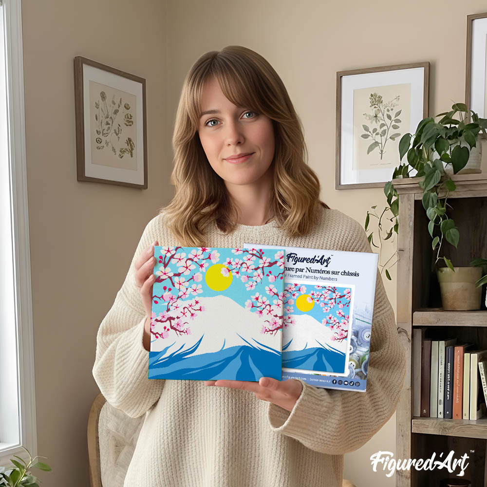 Mini Paint by numbers 8"x8" framed - Cherry blossom and Mount Fuji