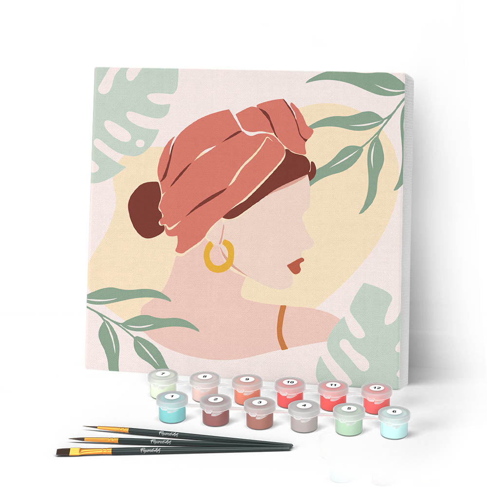 Mini Paint by numbers 8"x8" framed - Abstract Woman in Blush Red Turban