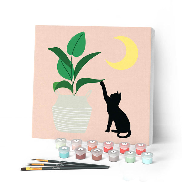 Mini Paint by numbers 8"x8" framed - Cat plays with plant in the moonlight