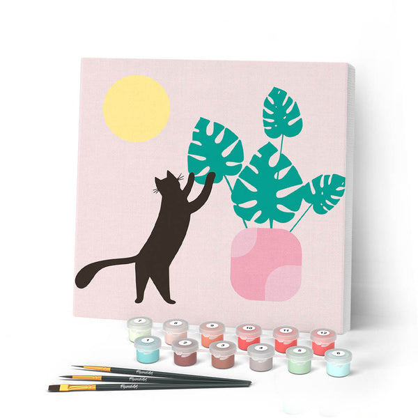 Mini Paint by numbers 8"x8" framed - Cat plays with Monstera