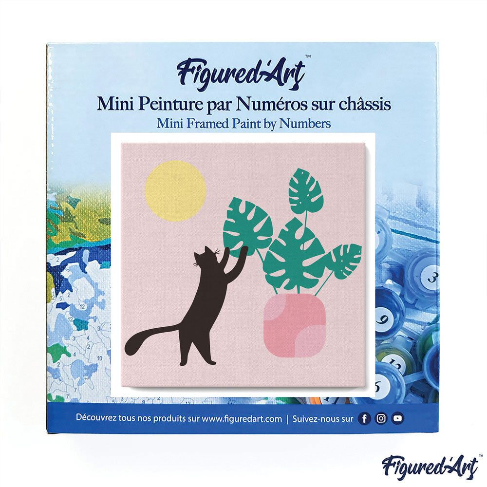 Mini Paint by numbers 8"x8" framed - Cat plays with Monstera