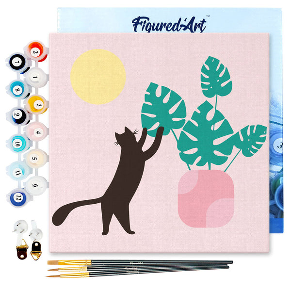 Mini Paint by numbers 8"x8" framed - Cat plays with Monstera