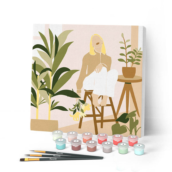 Mini Paint by numbers 8"x8" framed - Woman in the room with plants