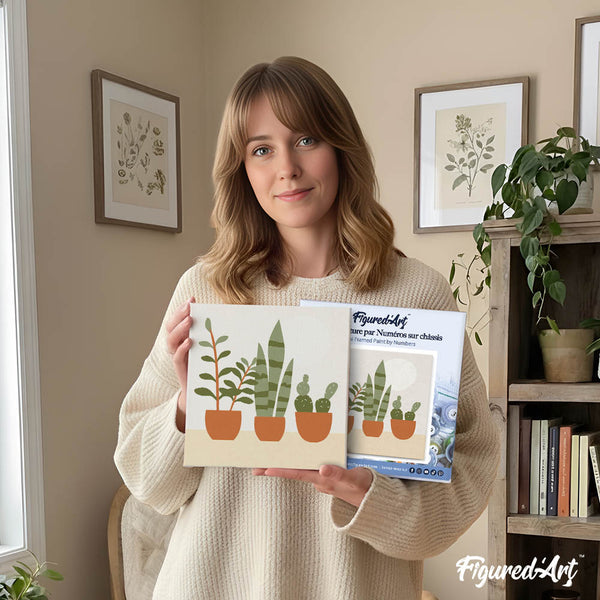 Mini Paint by numbers 8"x8" framed - Three plant pots