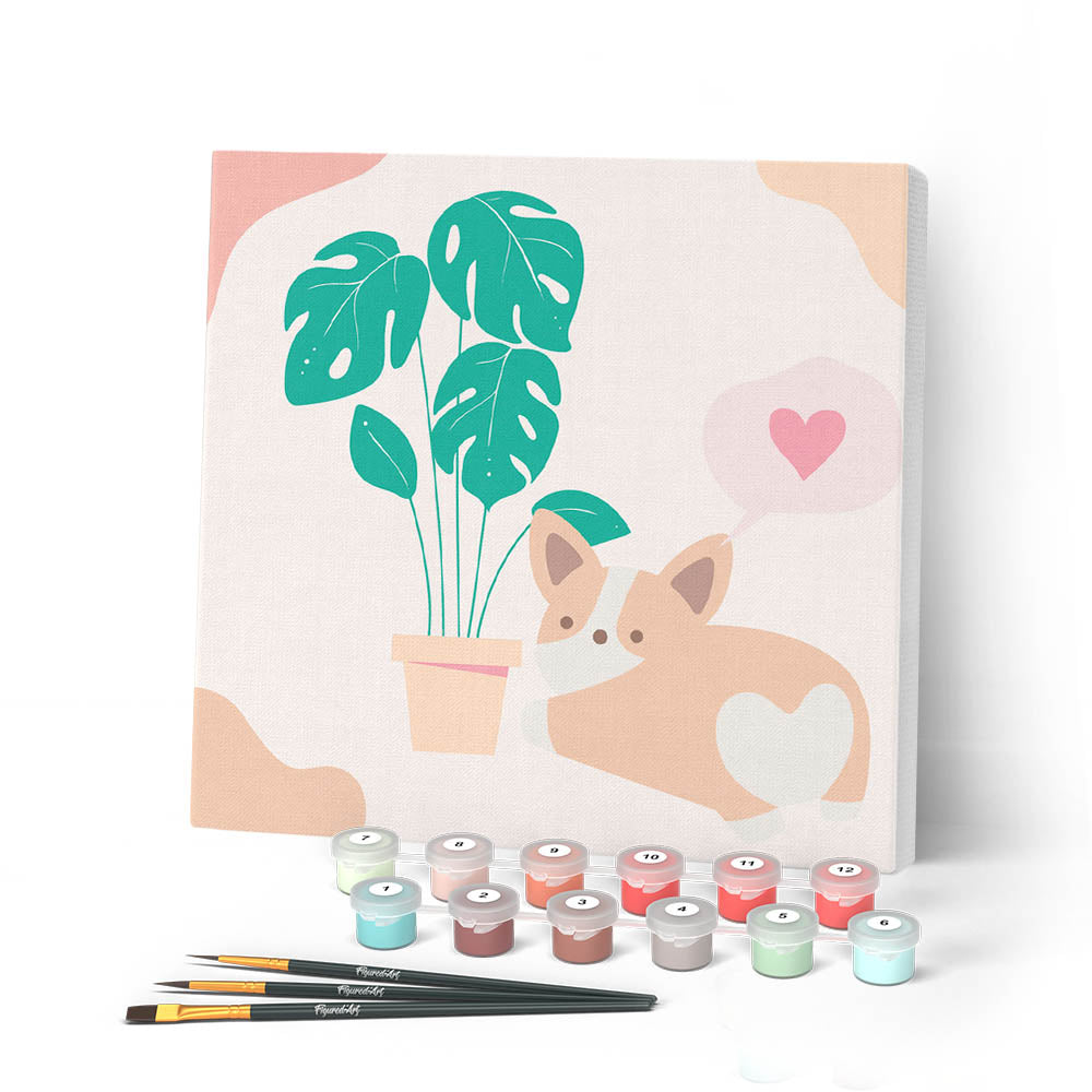 Mini Paint by numbers 8"x8" framed - Little Puppy Loves Monstera