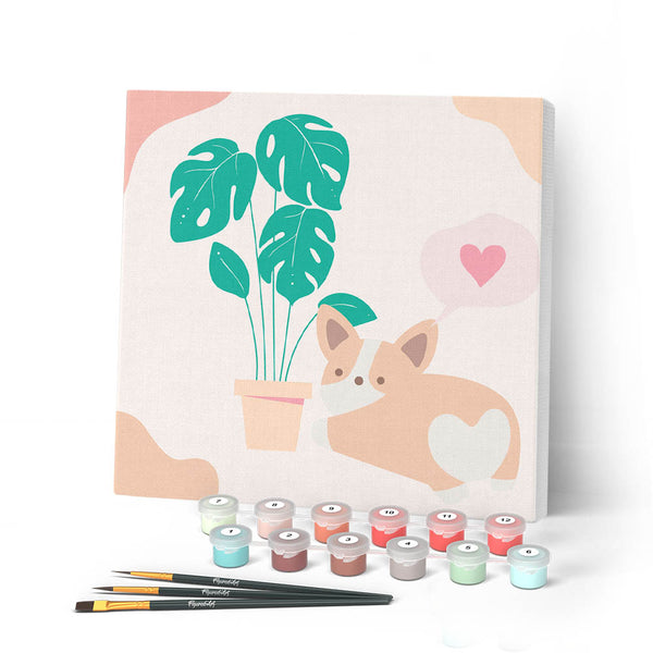 Mini Paint by numbers 8"x8" framed - Little Puppy Loves Monstera