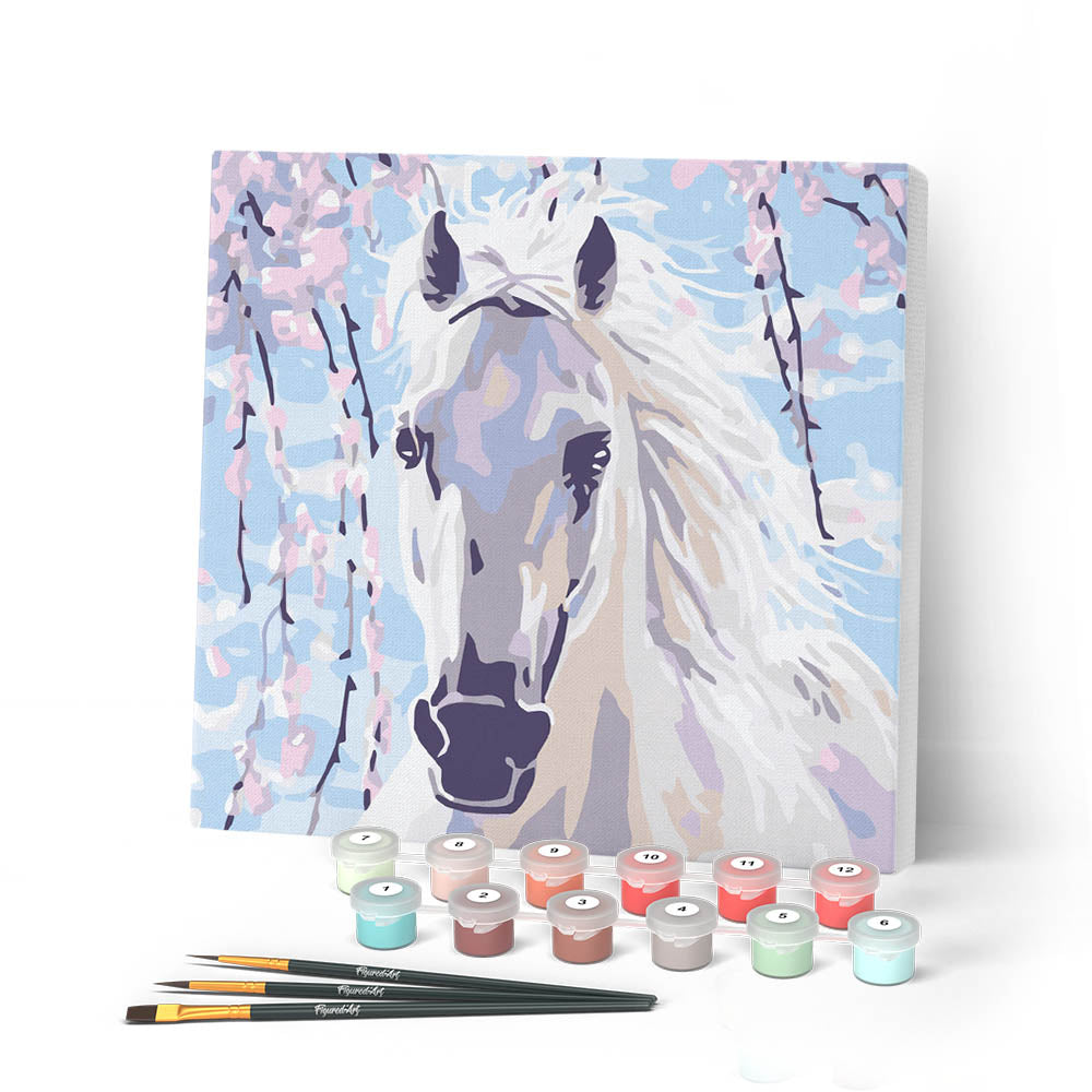 Mini Paint by numbers 8"x8" framed - White Horse And Flowers
