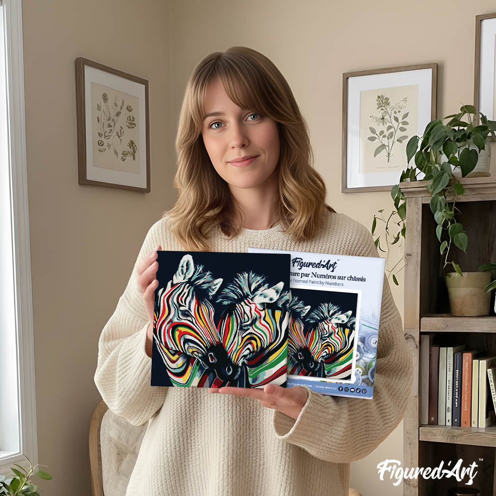 Mini Paint by numbers 8"x8" framed - Couple of Colorful Zebras