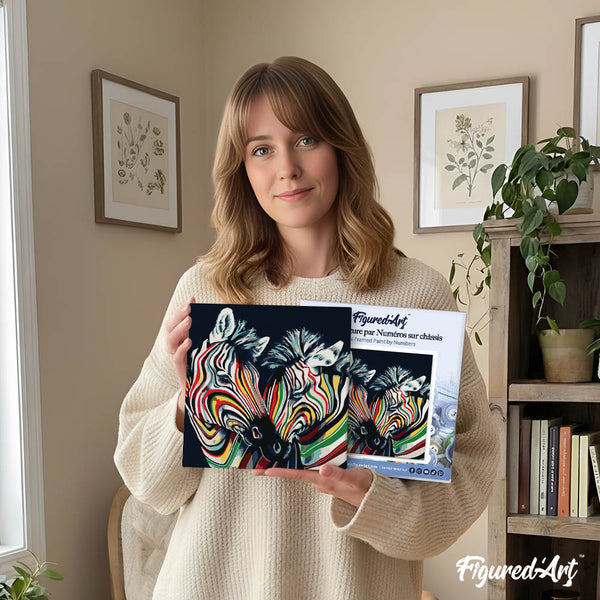 Mini Paint by numbers 8"x8" framed - Couple of Colorful Zebras