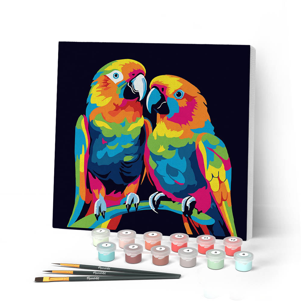 Mini Paint by numbers 8"x8" framed - Parrots Abstract Pop Art