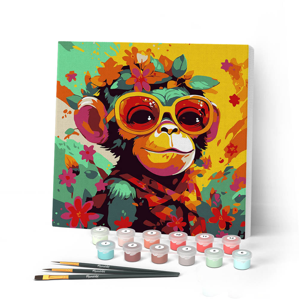 Mini Paint by numbers 8"x8" framed - Fantasy monkey and flowers