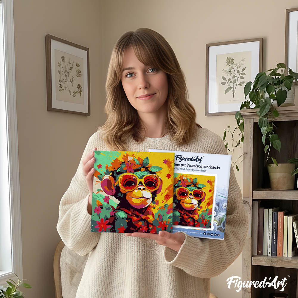 Mini Paint by numbers 8"x8" framed - Fantasy monkey and flowers