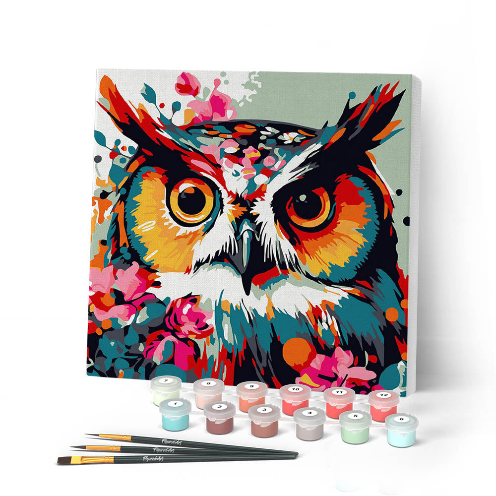 Mini Paint by numbers 8"x8" framed - Fantasy owl with flowers