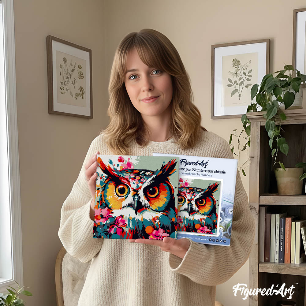 Mini Paint by numbers 8"x8" framed - Fantasy owl with flowers