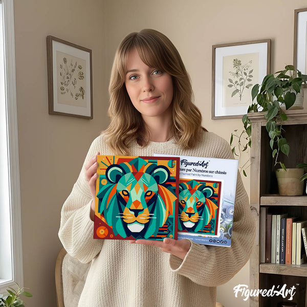 Mini Paint by numbers 8"x8" framed - Lion Art-Deco Inspired Abstract