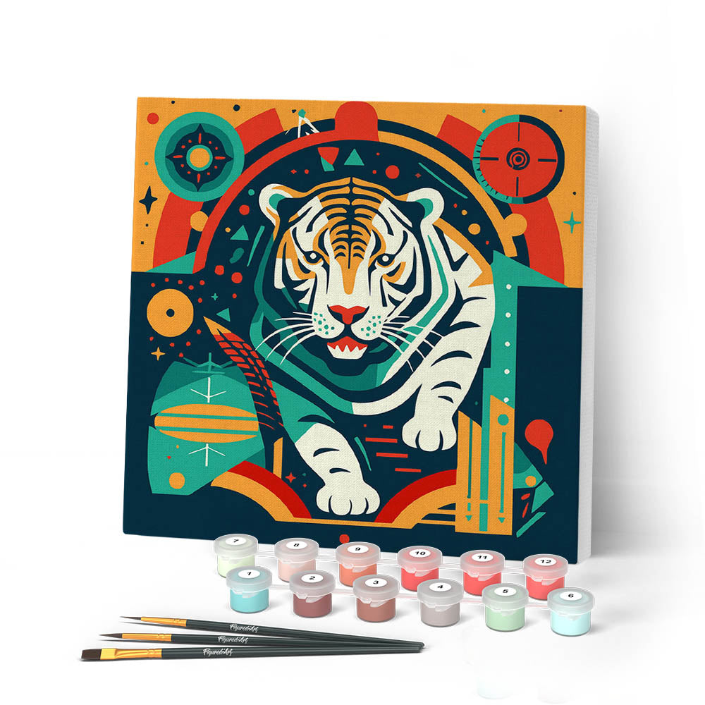 Mini Paint by numbers 8"x8" framed - Tiger Art-Deco Inspired Abstract