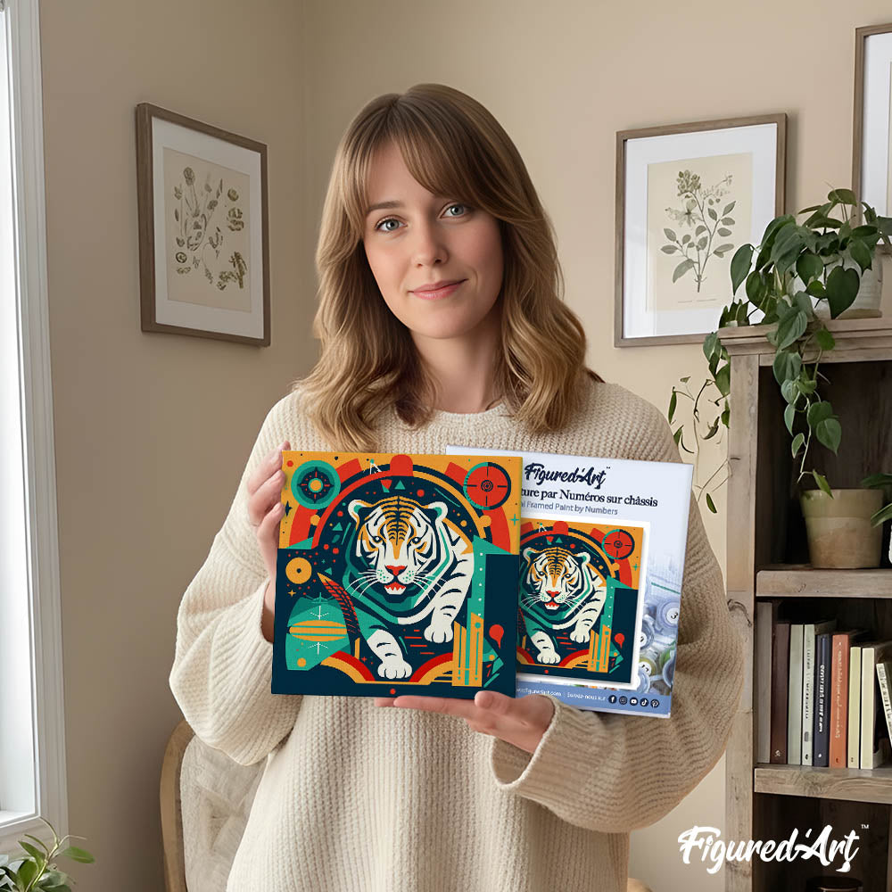 Mini Paint by numbers 8"x8" framed - Tiger Art-Deco Inspired Abstract