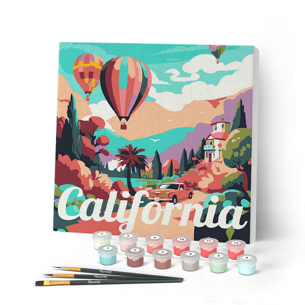 Mini Paint by numbers 8"x8" framed - Travel Poster California Balloons