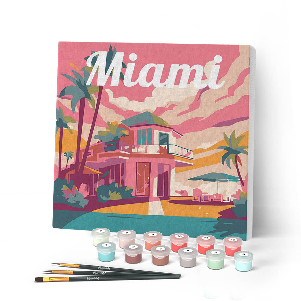 Mini Paint by numbers 8"x8" framed - Travel Poster Miami