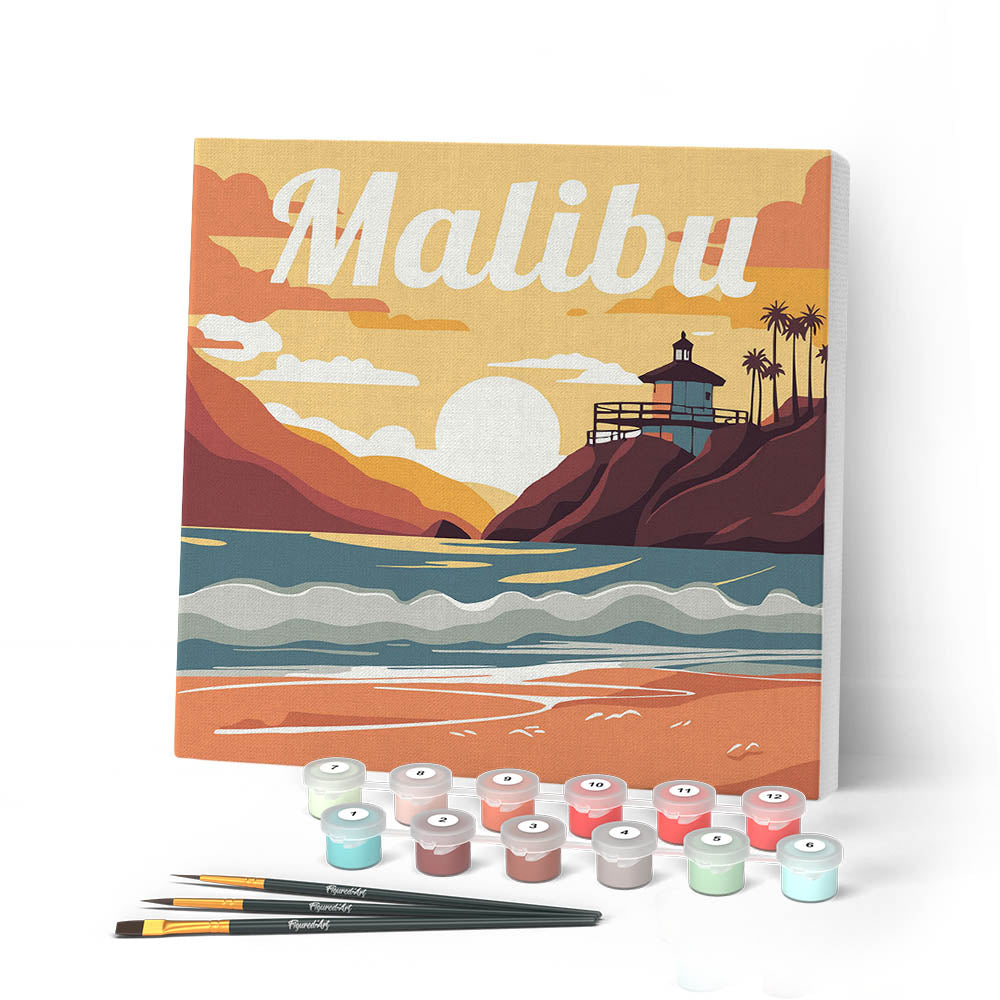 Mini Paint by numbers 8"x8" framed - Travel Poster Malibu