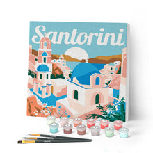 Load image into Gallery viewer, Mini Paint by numbers 8"x8" framed - Travel Poster Santorini Sunrise