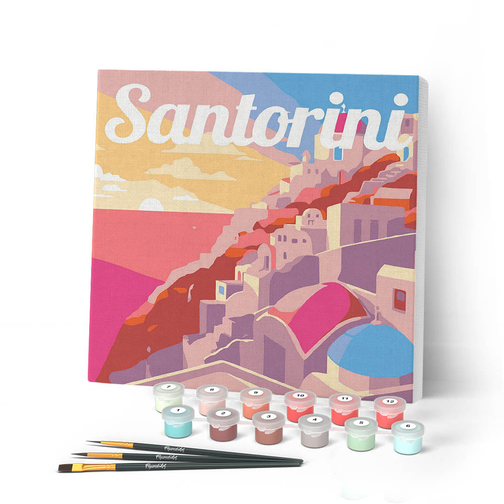 Mini Paint by numbers 8"x8" framed - Travel Poster Santorini Sunset