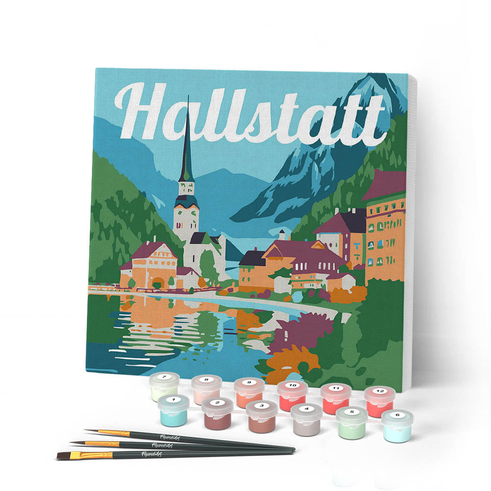 Mini Paint by numbers 8"x8" framed - Travel Poster Hallstatt