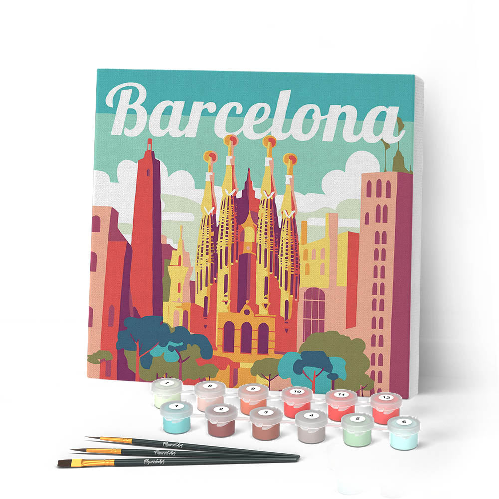 Mini Paint by numbers 8"x8" framed - Travel Poster Barcelona