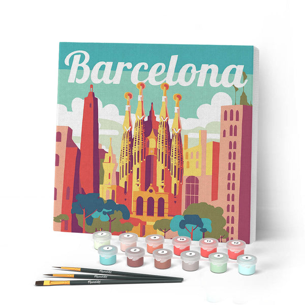 Mini Paint by numbers 8"x8" framed - Travel Poster Barcelona