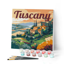 Load image into Gallery viewer, Mini Paint by numbers 8"x8" framed - Travel Poster Tuscany Summer
