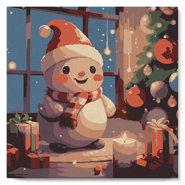 Paint by numbers kit Mini Paint by numbers 8"x8" framed - Happy Snowman in the room Figured'Art