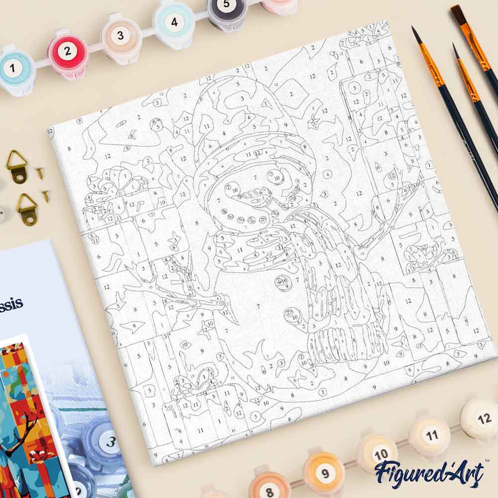 Mini Paint by numbers 8"x8" framed - Snowman and Gifts