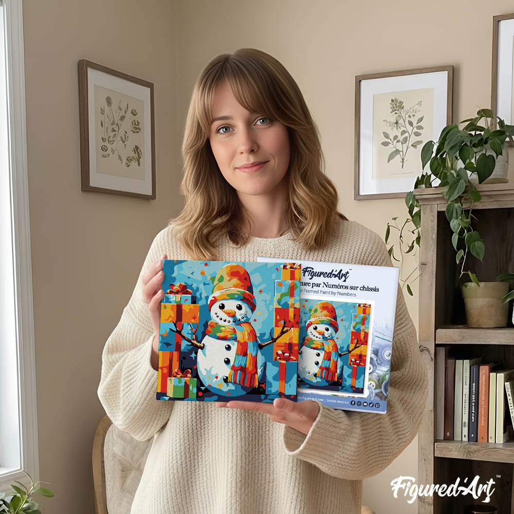 Mini Paint by numbers 8"x8" framed - Snowman and Gifts