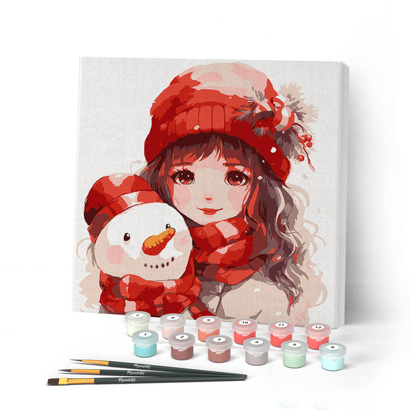 Paint by numbers kit Mini Paint by numbers 8"x8" framed - Pretty Girl and Snowman Figured'Art