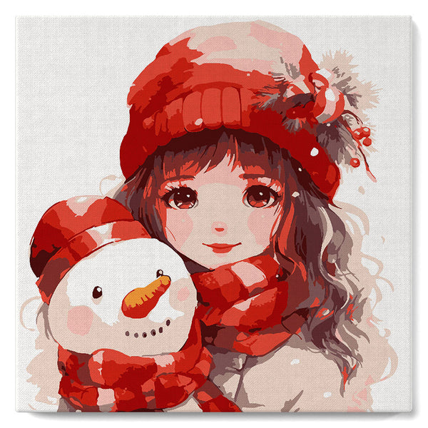 Paint by numbers kit Mini Paint by numbers 8"x8" framed - Pretty Girl and Snowman Figured'Art