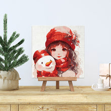 Load image into Gallery viewer, Mini Paint by numbers 8"x8" framed - Pretty Girl and Snowman