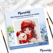 Load image into Gallery viewer, Mini Paint by numbers 8"x8" framed - Pretty Girl and Snowman