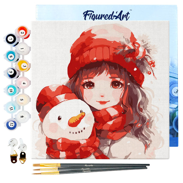 Mini Paint by numbers 8"x8" framed - Pretty Girl and Snowman