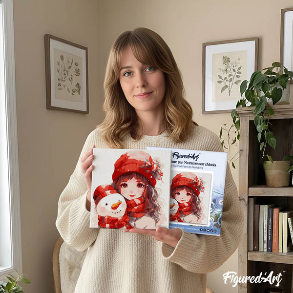 Mini Paint by numbers 8"x8" framed - Pretty Girl and Snowman