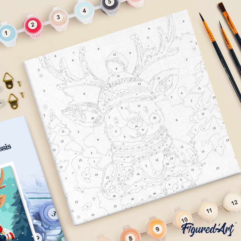 Mini Paint by numbers 8"x8" framed - Cozy Reindeer