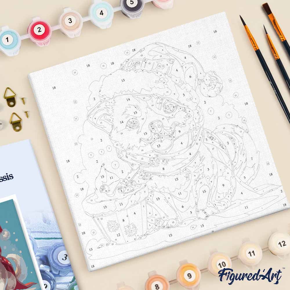 Mini Paint by numbers 8"x8" framed - Christmas Puppy