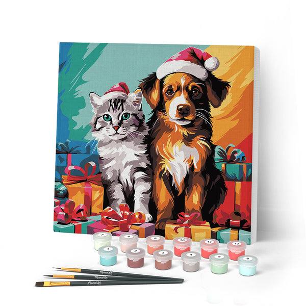 Paint by numbers kit Mini Paint by numbers 8"x8" framed - Festive Cat & Dog Figured'Art
