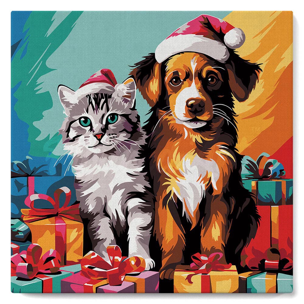 Mini Paint by numbers 8"x8" framed - Festive Cat & Dog